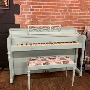 SEAFOAM Green Spinet:  a beautiful transformation on this sweet, very nicely functional piano. Very classy! 1950 Elburn 40" Spinet $1,399